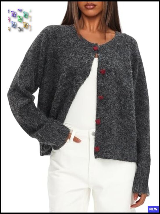 Y2K Button Down Cardigan Sweater Long Sleeve Crew Neck Knit Fall Outfits - Picture 5 of 7